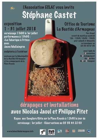 Affiche de l'exposition "Dérapages et Installations" avec Stéphane Castet, Nicolas Jaoul et Philippe Pitet à Labastide d'Armagnac