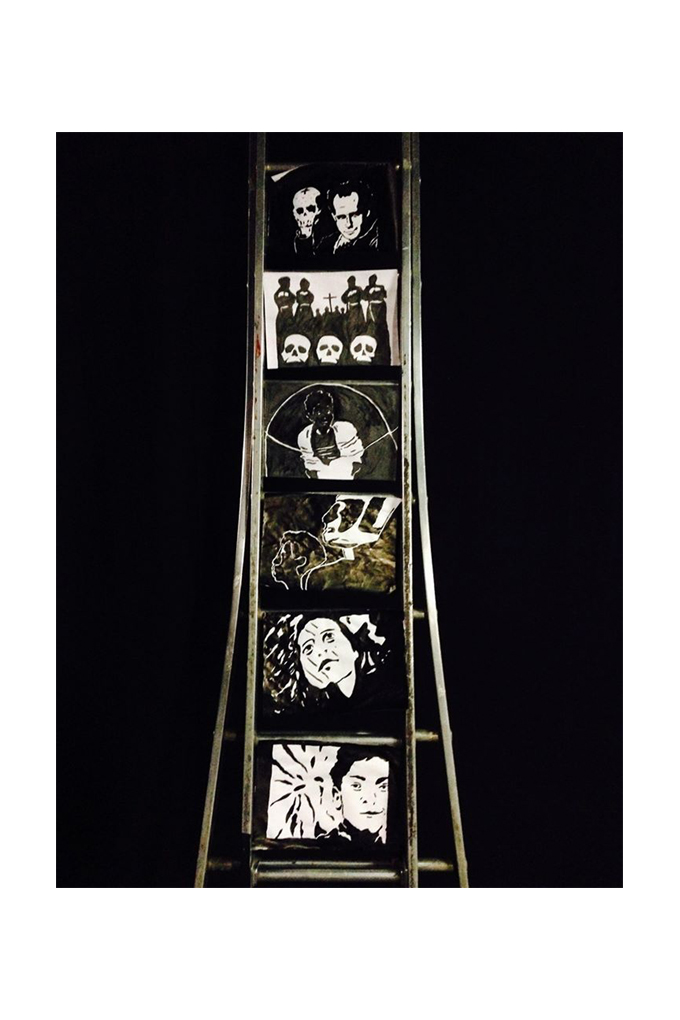 "Cinéma", installation simple avec échelle et dessins à l'encre de chine - Théâtre le Ring Toulouse, Janvier 2018