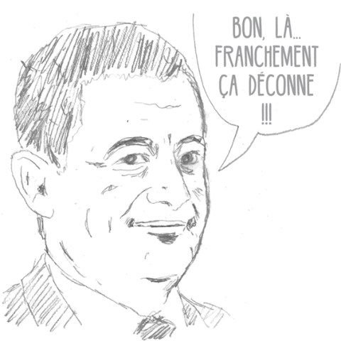 Dessin de Philippe Pitet représentant le Minsitre de l'Intérieur Gérard Darmanin disant "Bon, là... Franchement ça déconne". Cette image, dessin au crayon, a été créée pour le groupe Imagerie de Combat.
