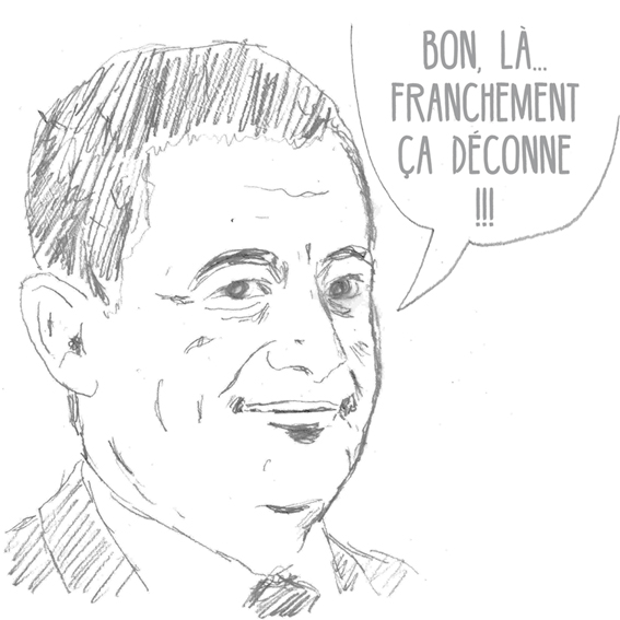 Dessin de Philippe Pitet représentant le Minsitre de l'Intérieur Gérard Darmanin disant "Bon, là... Franchement ça déconne". Cette image, dessin au crayon, a été créée pour le groupe Imagerie de Combat.