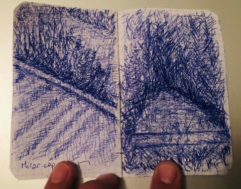 Dessins au stylo de Philippe Pitet dans un carnet "Aiga - la cartographie sensible de l'eau" - Jammalet, Tarn - 2012