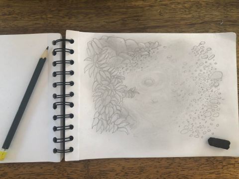 Photo d'une page d'un carnet "Aiga - La cartographie sensible de l'eau" du plasticien Philippe Pitet - Carnet de Romeyer 2018-2023