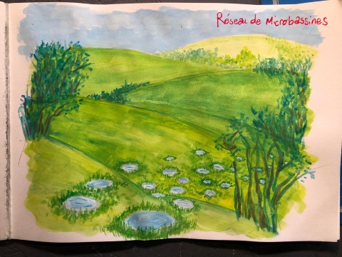 Dessin de préfiguration de l'installation de réseau de "microbassines" à Lahage pour Utoparc #2 (PAHLM) dans le paysage de "Bordanova" par le plasticien Philippe Pitet - Mai et juin 2023