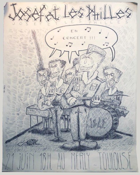 Affiche pour un concert du groupe de rock and roll Josef et les Philles créée par l'artiste plasticien Philippe Pitet en 1985. Philipe Pitet jouait alors dans ce groupe.