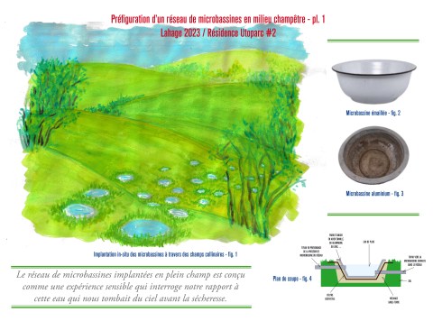 Visuel pour l'installation de "microbassines" créée et réalisée par le plasticien Philippe Pitet dans le cadre d'Utoparc #2 - Mai et Juin 2023