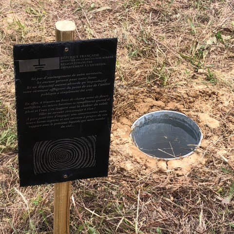Fragment de l'installation "Microbassines" sur le site de Bordanova à Lahage (FR-31) par le plasticien Philippe Pitet. Crée dans le cadre d'une résidence PAHLM (Utoparc) - Juin 2023