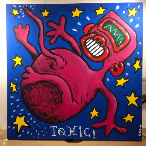 Photographie d'une toile du plasticien Philippe Pitet, intitulée Toxic !. Peinture présentée dans le cadre de l'exposition "Les irradiés de Tchernobyl" - 1986