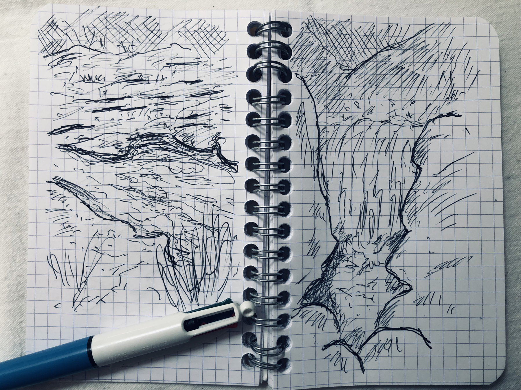 Photo d'un carnet de croquis de l'artiste plasticien Philippe Pitet - Croquis des bords de la Drôme et de ses affluents - 2024