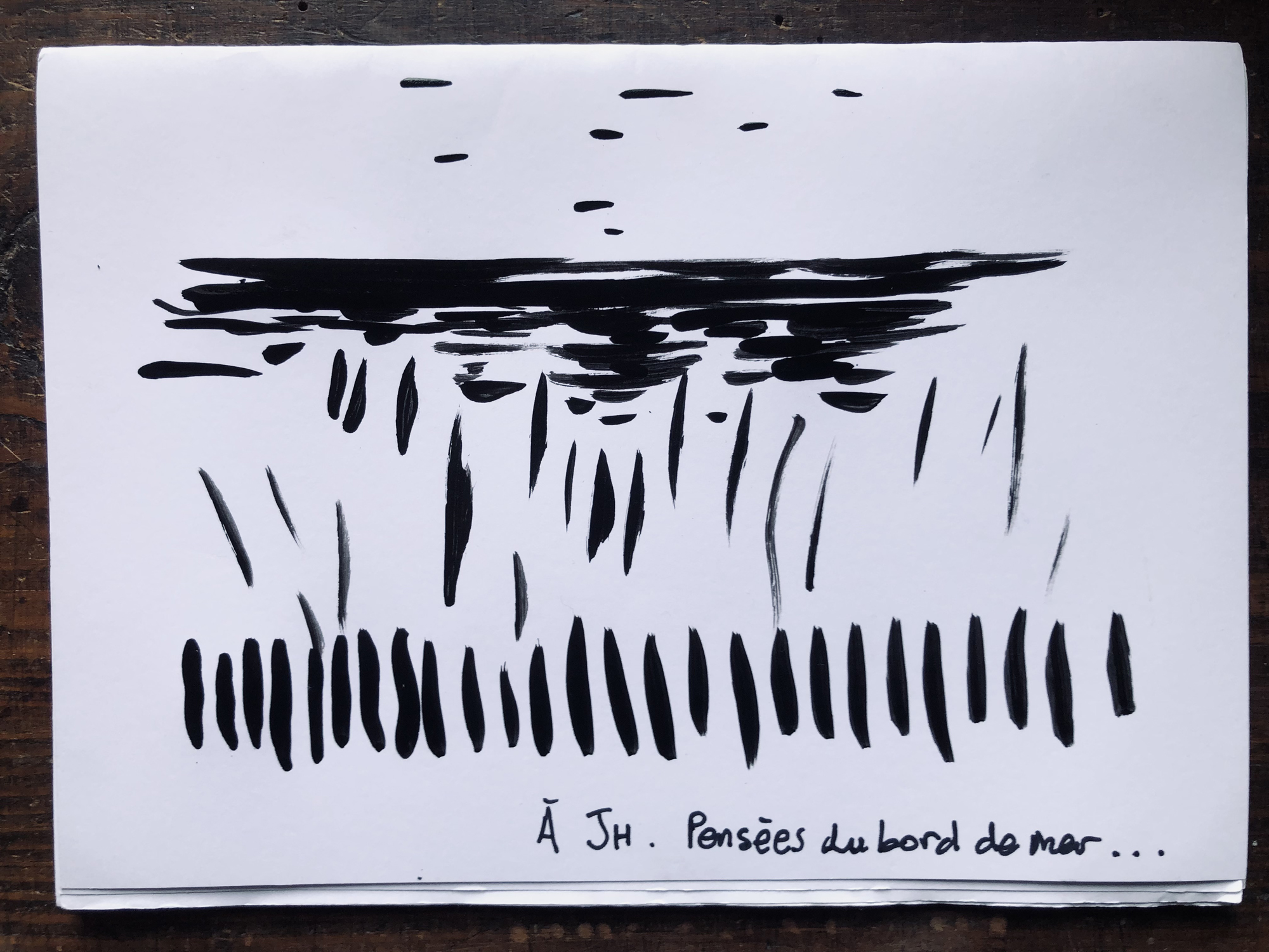 Dessin de bord de mer - Encre sur papier. Par le plasticien Philippe Pitet, septembre 2024.
