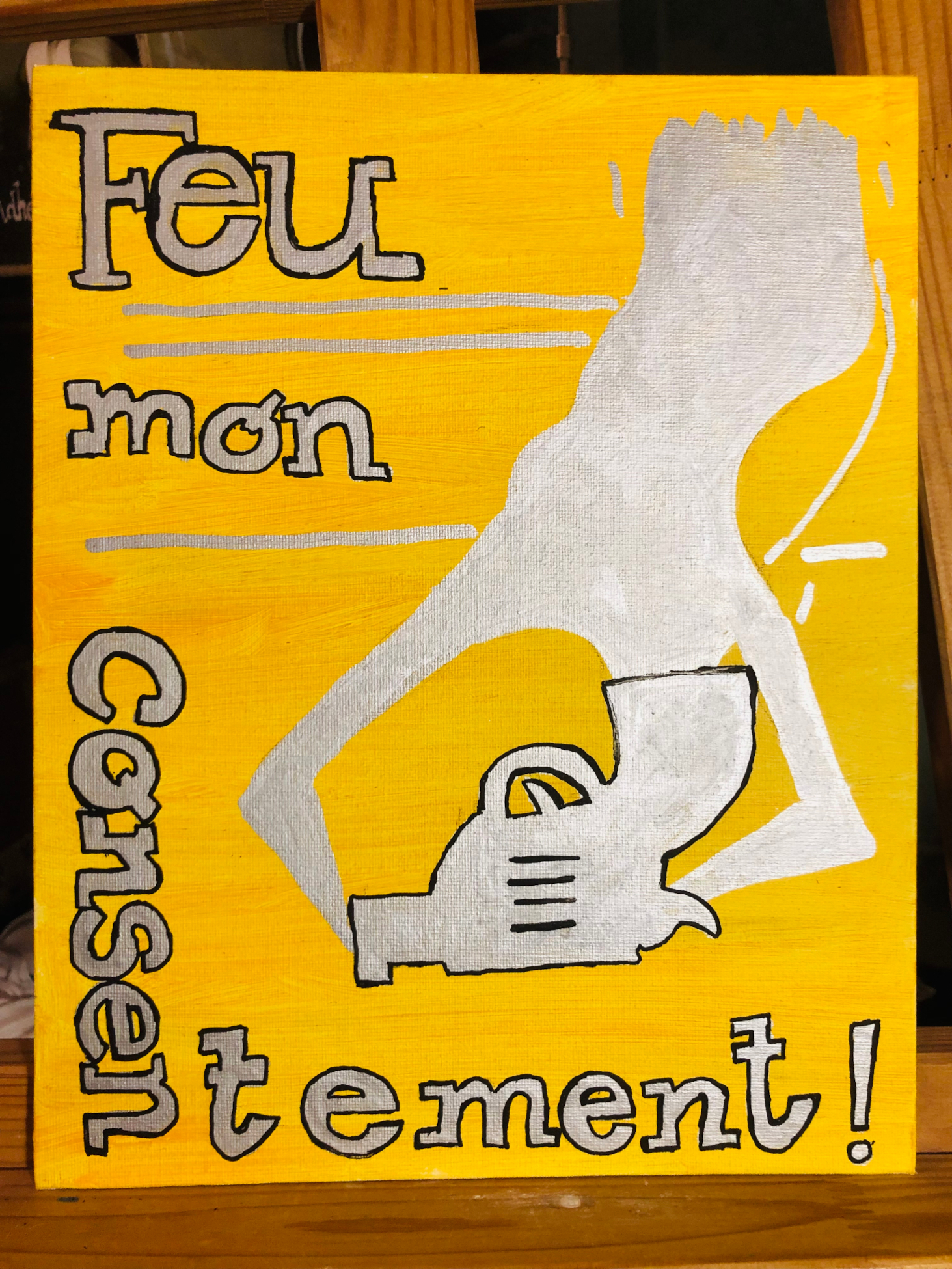 Photo de la peinture "Feu mon consentement" du plasticien Philippe Pitet. Une série de peinture qui interroge les pochettes de disques mytiques des années 70 et 80 du 21 e siècle