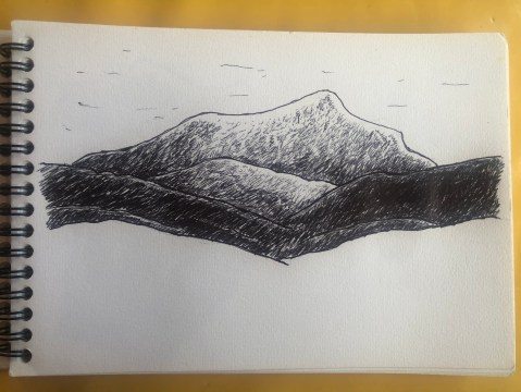 Photo du troisième dessin du carnet de dessins "Montagnes" de l'artiste plasticien Philippe Pitet - Stylo bille sur papier à grain 180 grammes. Année 2025.
