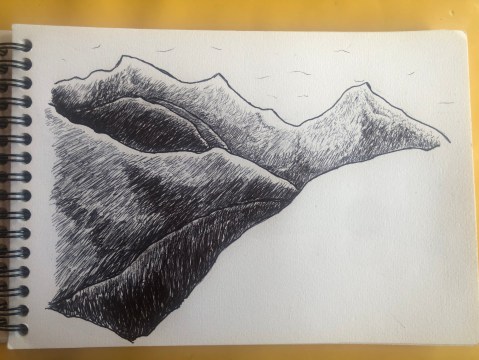 Photo du quatrième dessin du carnet de dessins "Montagnes" de l'artiste plasticien Philippe Pitet - Stylo bille sur papier à grain 180 grammes. Année 2025.