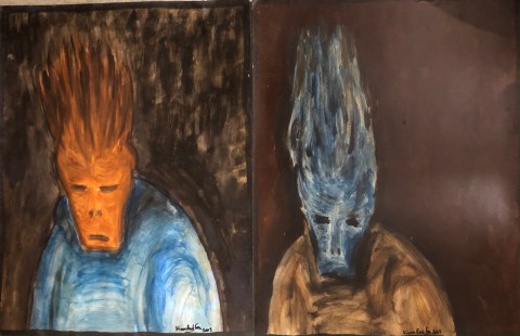 Photographie d'extraits de la série de peintures "Cremadura". Peintures aux pigments naturels sur papier de l'artiste plasticien Philippe Pitet - 2003