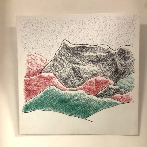 Photo d'un dessin au stylo bille sur toile, dans le cadre des séries Montanhas, du plasticien Philippe Pitet - décembre 2025