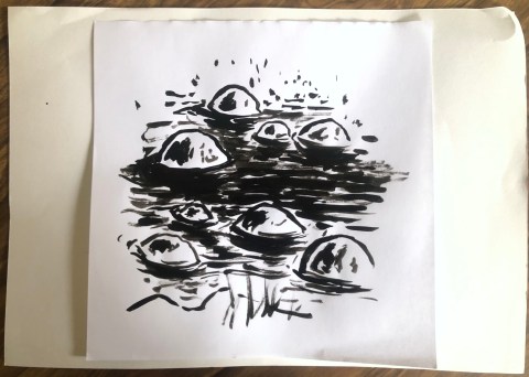 Photo d'un dessin à l'encre de chine noire de l'artiste plasticien Philippe Pitet, issu du carnet "Meyrosse - Les Planeaux" dans le cadre de "Aiga - La cartograhie sensible de l'eau" - Hivers 2025