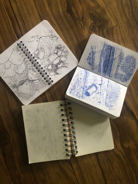 Photo de carnets de dessins de l'artiste plasticien Philippe Pitet, carnets du Diois dans le cadre de "Aiga - La cartograhie sensible de l'eau" - 2018-2026