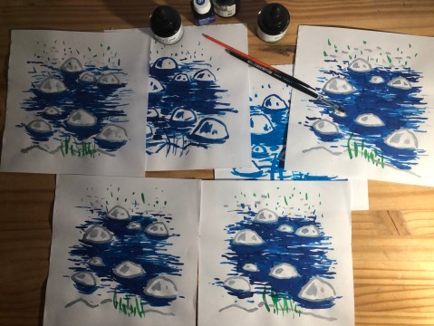 Photo de dessins à l'encre de chine colorée, de l'artiste plasticien Philippe Pitet, issus du carnet "Meyrosse - Les Planeaux" dans le cadre de "Aiga - La cartograhie sensible de l'eau" - Printemps 2025