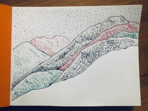 Photo d'une page de carnet de dessins "Montanhas - Pirenèus" du plasticien Philippe Pitet - 2025